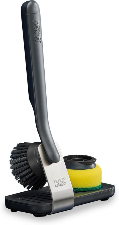 Joseph Joseph SinkTech Dish Brush with Replacement Head and Stainless-Steel Storage Stand Drip Tray