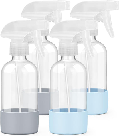 Worldgsb 2 Pack Glass Spray Bottles 8 oz, Empty Refillable Containers with Silicone Sleeve Protection, Glass Spray Bottles for Cleaning Solutions, Hair and Plants with Adjustable Nozzles Blue&Grey