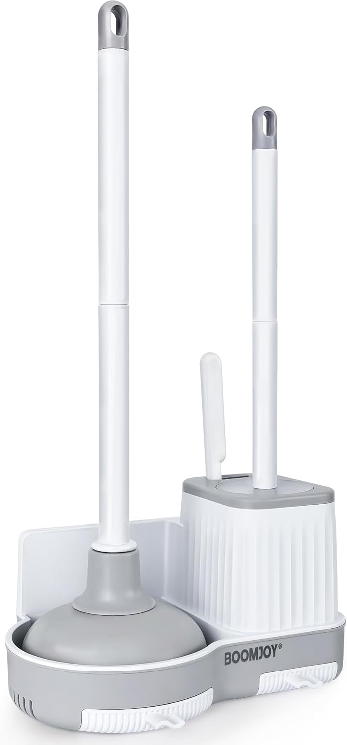 BOOMJOY Toilet Brush and Plunger Set with Crevice Cleaning Brush, White Plunger and Brush Combo with Hidden Holder, Bathroom Plunger and Toilet Bowl Brush Set Heavy Duty