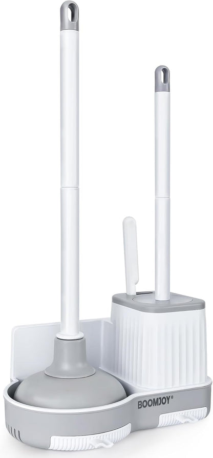 BOOMJOY Toilet Brush and Plunger Set with Crevice Cleaning Brush, White Plunger and Brush Combo with Hidden Holder, Bathroom Plunger and Toilet Bowl Brush Set Heavy Duty