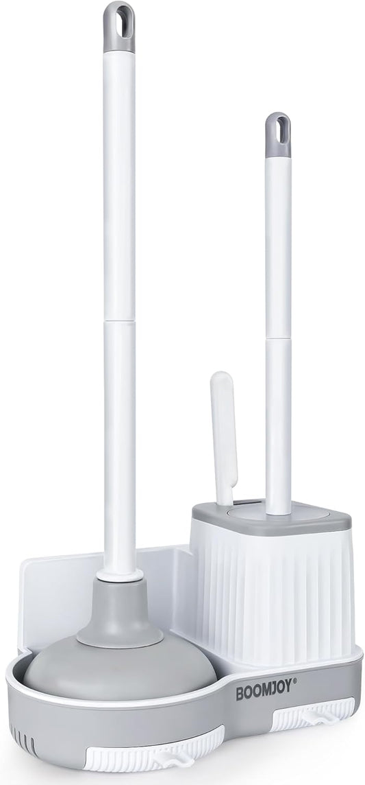 BOOMJOY Toilet Brush and Plunger Set with Crevice Cleaning Brush, White Plunger and Brush Combo with Hidden Holder, Bathroom Plunger and Toilet Bowl Brush Set Heavy Duty
