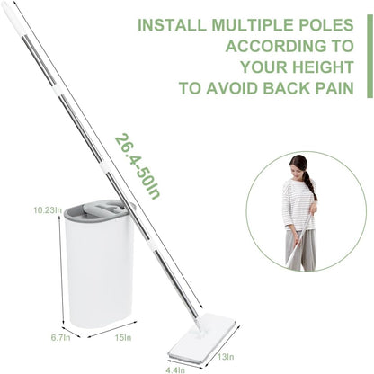 CQT Self-Wringing Mop and Bucket Set for Home Long Handle Flat Mop with 4 Washable Microfiber Pads