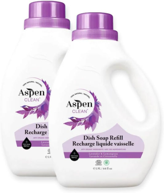 AspenClean | Dish Soap Refill | Lavender and Lemongrass | Liquid Dishwashing Detergent Soap | Non - Toxic | 100% Natural | EWG Verified | 64 fl oz each (2-pack)