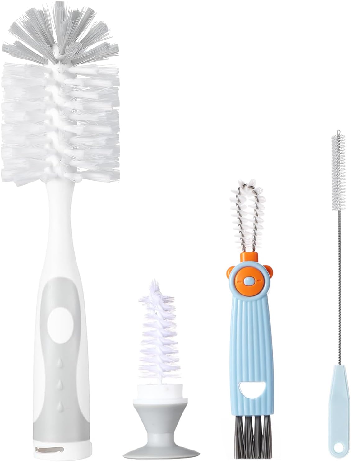 Baby Bottle Brush Set 4 in 1, Baby Bottle Cleaner, with 1P Nylon Bottle Brush, 1P Bottle Cap Brushes, 2P Straw Brushes, Bottle Brush with Nipple Cleaner and Suction Cup, BPA-Free(Green)