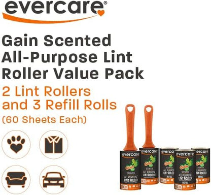 Evercare Gain Scented All-Purpose Lint Roller Brushes with 50 Sheets, Pack of 3 Manual Refillable Lint Rollers with Gain Scent (150 Sheets Total)