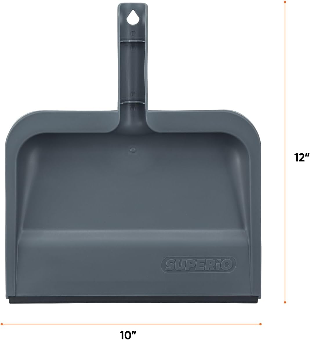 Superio Clip-On Dustpan with Rubber Lip - 10-inch Wide Durable Plastic Dust Pan with Comfort Grip Handle, White, 1-Pack