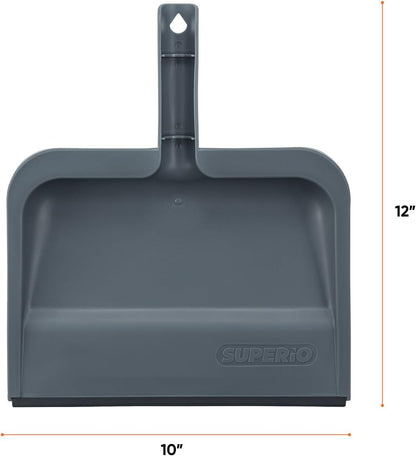 Superio Clip-On Dustpan with Rubber Lip - 10-inch Wide Durable Plastic Dust Pan with Comfort Grip Handle, White, 1-Pack