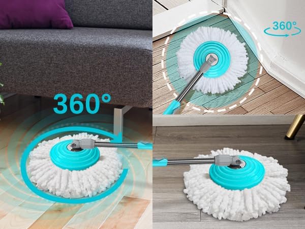 Stainless Steel Extendable Mop Handle with 2 Microfiber Replacement Heads & 360° Rotating Base Plate — Fits Standard Mop Buckets -White