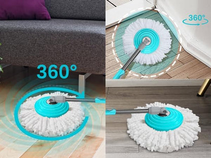 Stainless Steel Extendable Mop Handle with 2 Microfiber Replacement Heads & 360° Rotating Base Plate — Fits Standard Mop Buckets -White