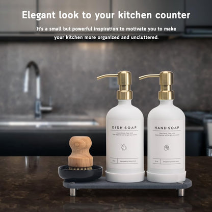 [Luxury] Kitchen Soap Dispenser Set - 16OZ Amber Glass Bottle, Stainless Steel Pump, Instant Dry Tray, Waterproof Labels, Non-Slip Silicone Pad, and Dish Brush | Upgrade for Your Kitchen and Bathroom