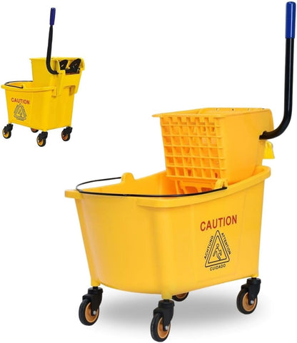 Mop Bucket, Commercial Bucket for Mopping on Wheels with Potable Handle, Mop Bucket with Wringer for Home, Household, Office, Bathroom, Yellow (25 Quarts)