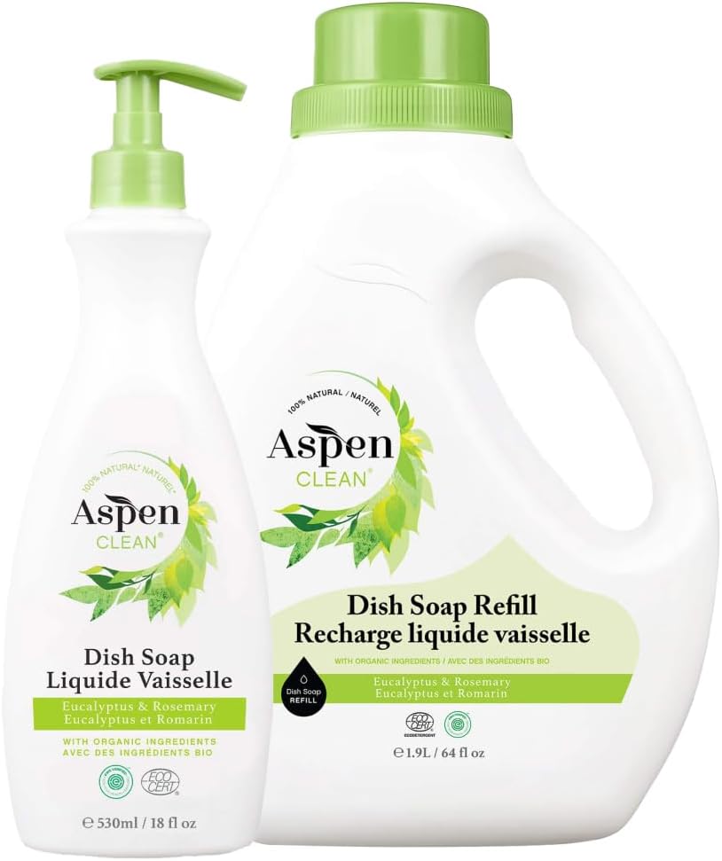 AspenClean | Dish Soap & Refill | Eucalyptus and Rosemary | Liquid Dishwashing Detergent Soap | Non - Toxic | 100% Natural | EWG Verified | 64 fl oz - Refills Over 3.5 Standard Soap Bottles