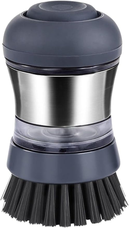 Stainless Steel Soap Dispensing Palm Brush for Pans & General Kitchen Dish Scrub | Grey Bristles | Dishwasher Safe