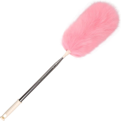 Extendable Lambswool Duster Stainless Steel Handle 133" Removable Feather Duster for Cleaning Ceiling Fans Interior Roof Furniture, Brown