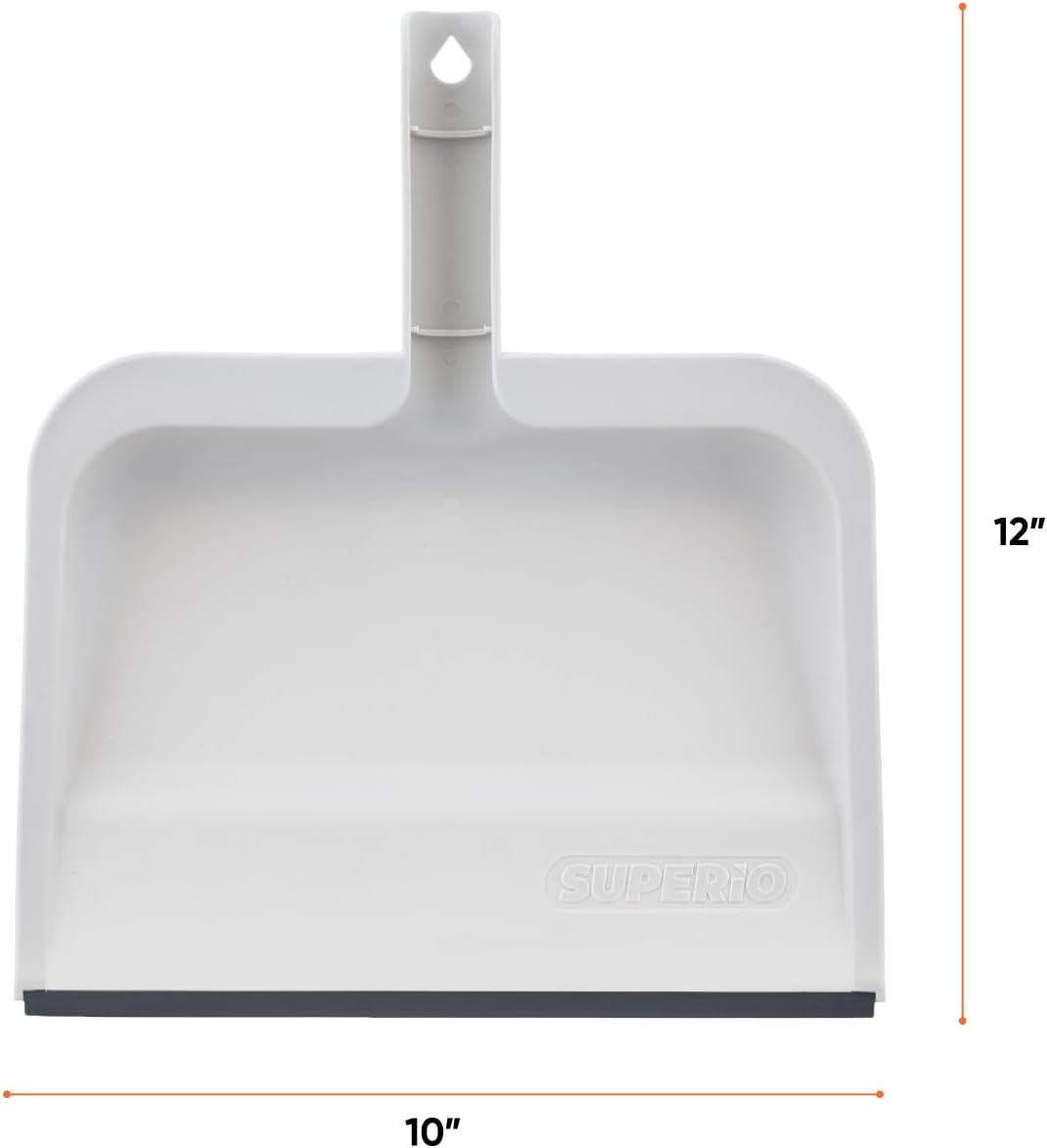 Superio Clip-On Dustpan with Rubber Lip - 10-inch Wide Durable Plastic Dust Pan with Comfort Grip Handle, White, 1-Pack