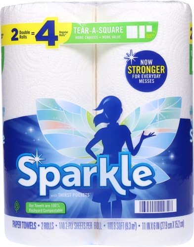 Sparkle Tear-A-Square Paper Towels, 2 Double Rolls (220 Sheets Total) - Strong 2-Ply Towels for Kitchen Cleanup and Everyday Messes