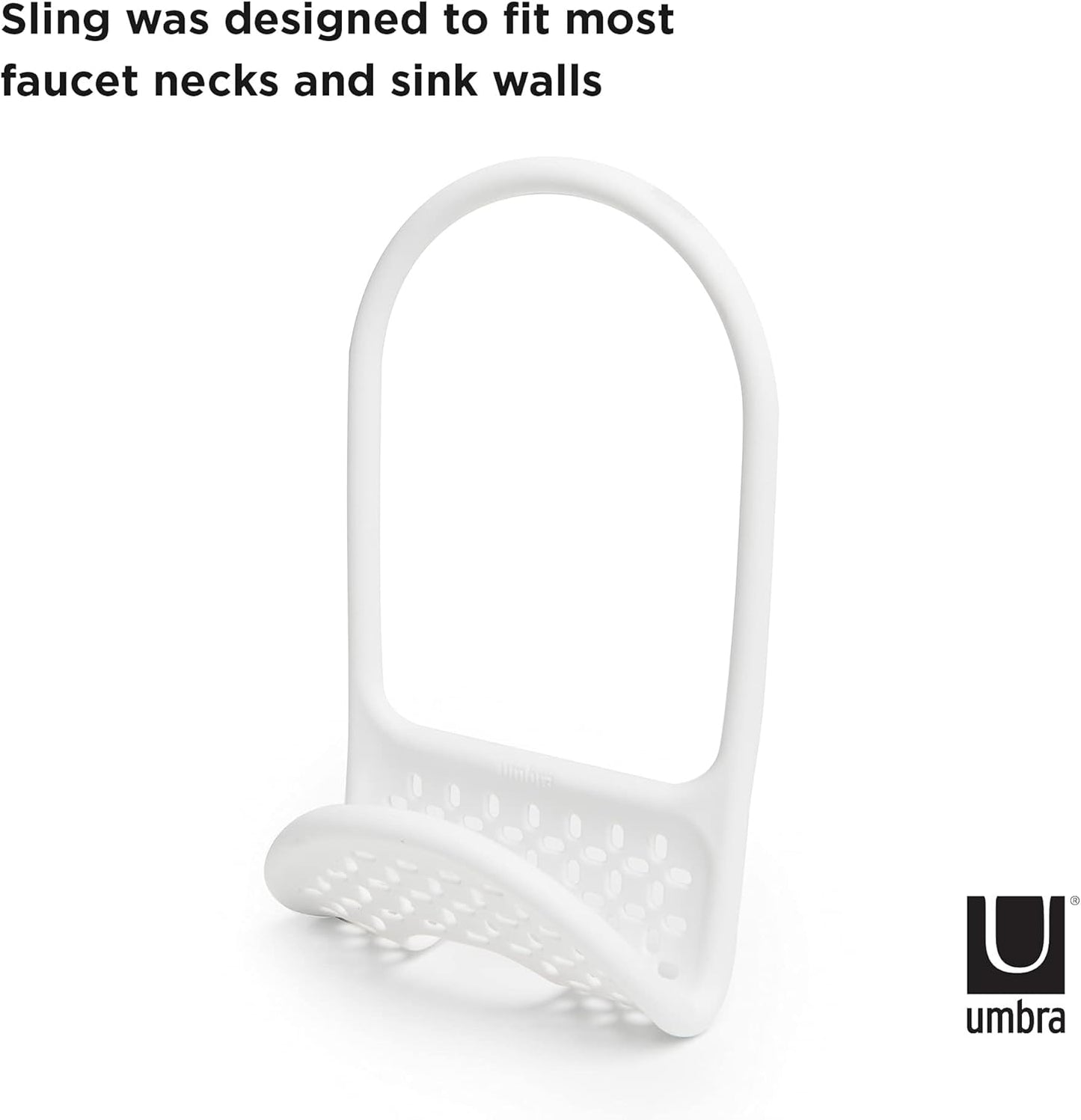 Umbra Sling Kitchen Sink Caddy Sponge Holder, Hangs Over Faucet or Divider, Single, White