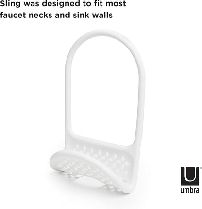 Umbra Sling Kitchen Sink Caddy Sponge Holder, Hangs Over Faucet or Divider, Single, White