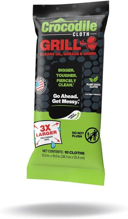 Crocodile Cloth Grill Cleaning Wipes – 480 XL Plant-Based Cloths (48 Packs of 10 Count) Pre-Moistened, Large & Absorbent - Infused with Aloe & Vitamin E & Safe on Skin & Surfaces
