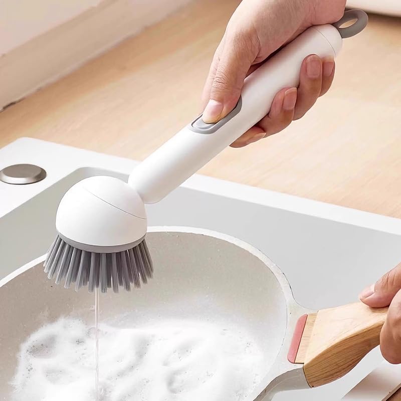 Dish Brush with Soap Dispensing Rotating Handle,Kitchen Crub Brush with Hook，White