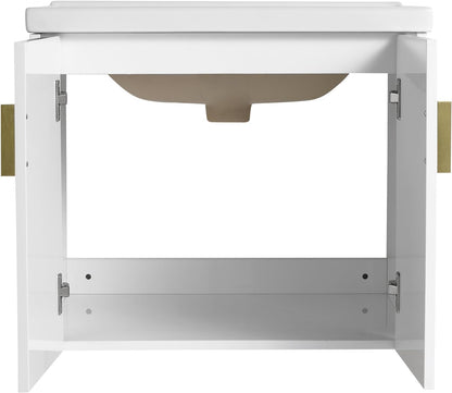 SSLine Modern 24-Inch Bathroom Vanity with Sink Wall Mounted Bathroom Vanity with Top Basin & Storage Cabinet White Wood Floating Vanity w/Ceramic Sink & Gold/Black Handles for Small Space