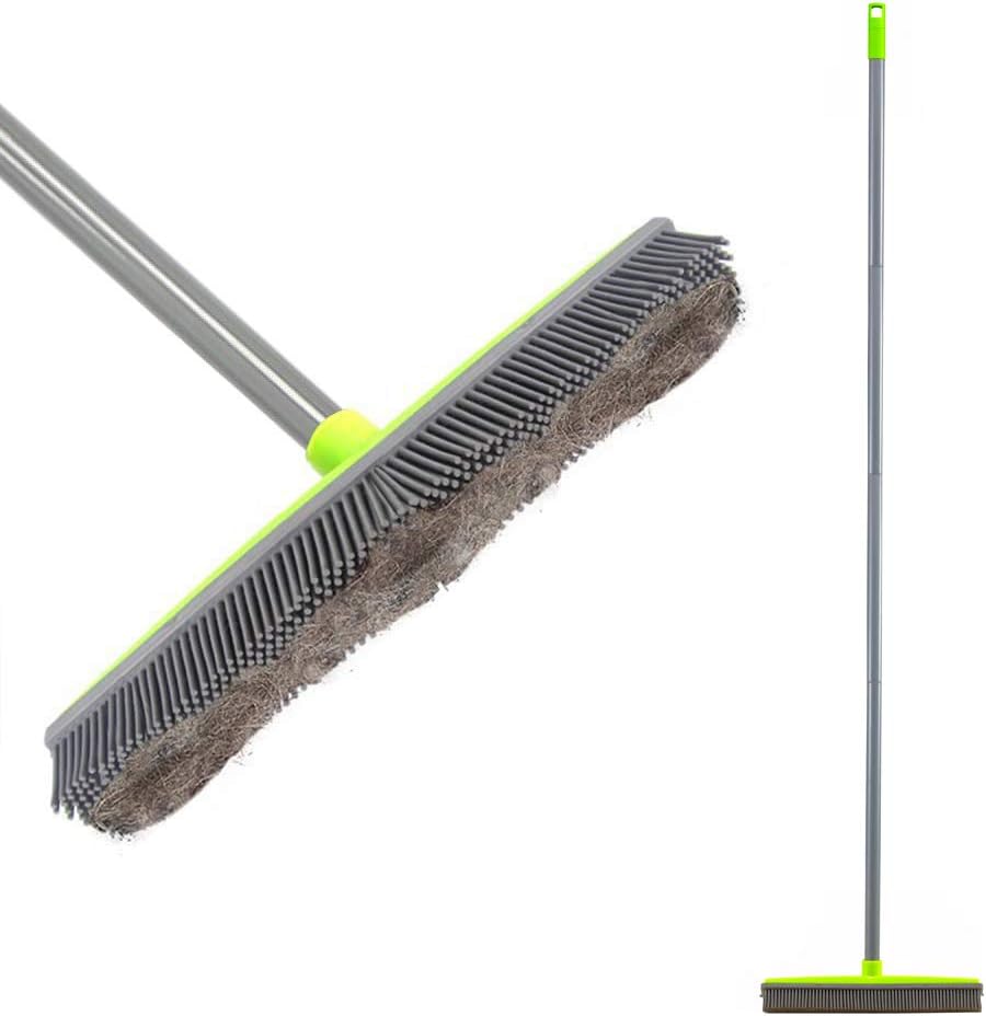 LandHope Carpet Rake for Pet Hair Remover Long Handle with Squeegee, Rubber Broom Carpet Brush Non Scratch Bristles Fur Remover Indoor Outdoor Push Broom for Cat Dog Hair Hardwood Tile Windows Clean
