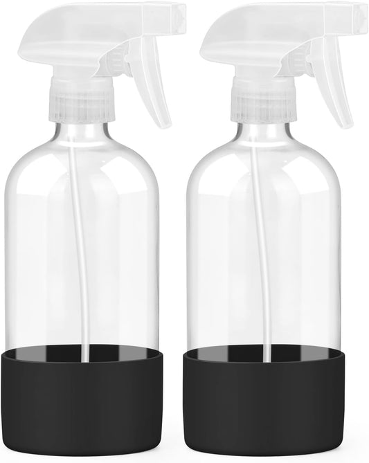 Worldgsb 2 Pack Glass Spray Bottles with Silicone Sleeve, 16 oz Empty Refillable Containers with Adjustable Spray Nozzles, Spray Bottles for Hair, Cleaning Solutions and Plants Blue&Grey
