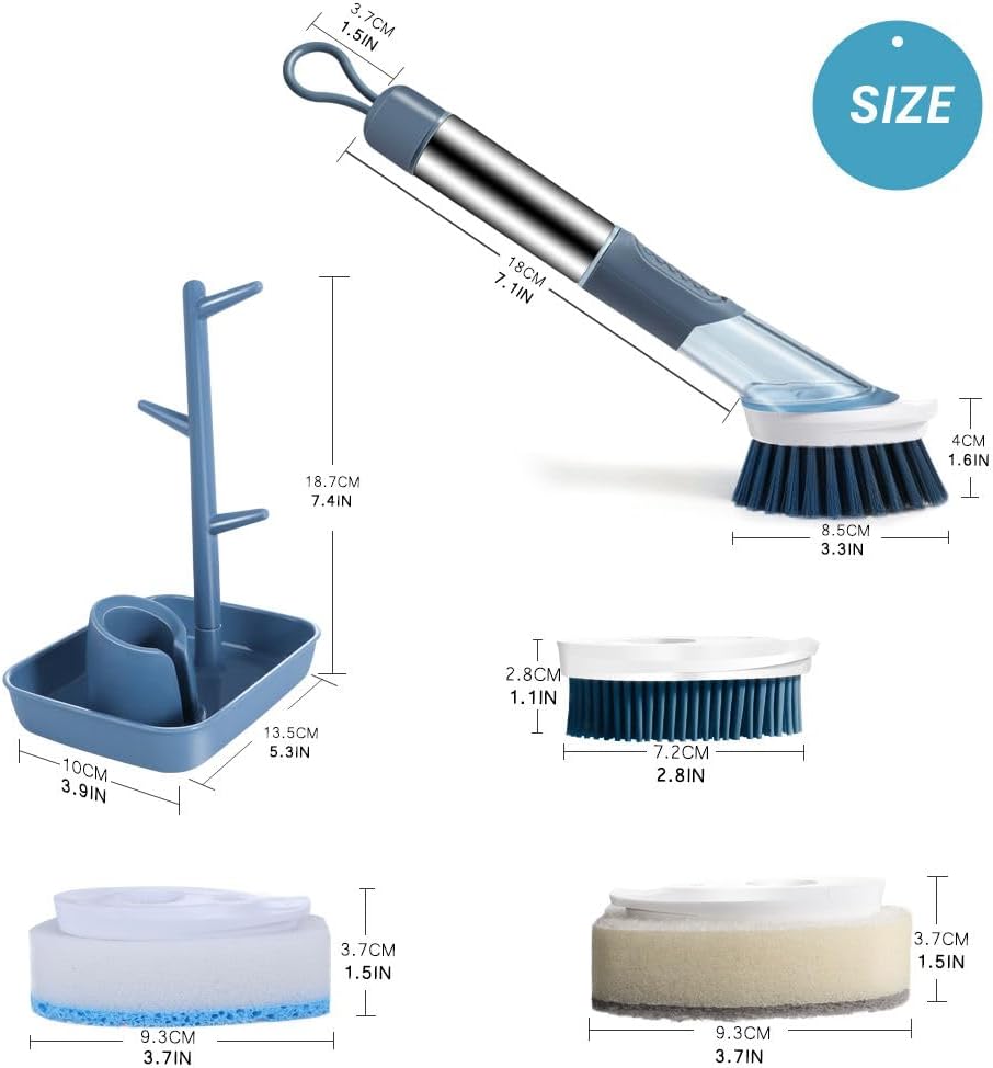 Soap Dispensing Dish Brush Set with Holder - 3 Replaceable Heads (Sponge, Scrubber, Brush) - Long Handle Kitchen Cleaning Brush for Pots, Pans, Sink & Dishes - Non-Slip Grip (Blue)