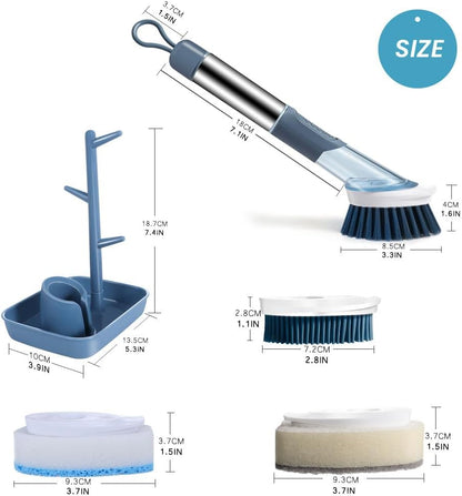 Soap Dispensing Dish Brush Set with Holder - 3 Replaceable Heads (Sponge, Scrubber, Brush) - Long Handle Kitchen Cleaning Brush for Pots, Pans, Sink & Dishes - Non-Slip Grip (Blue)