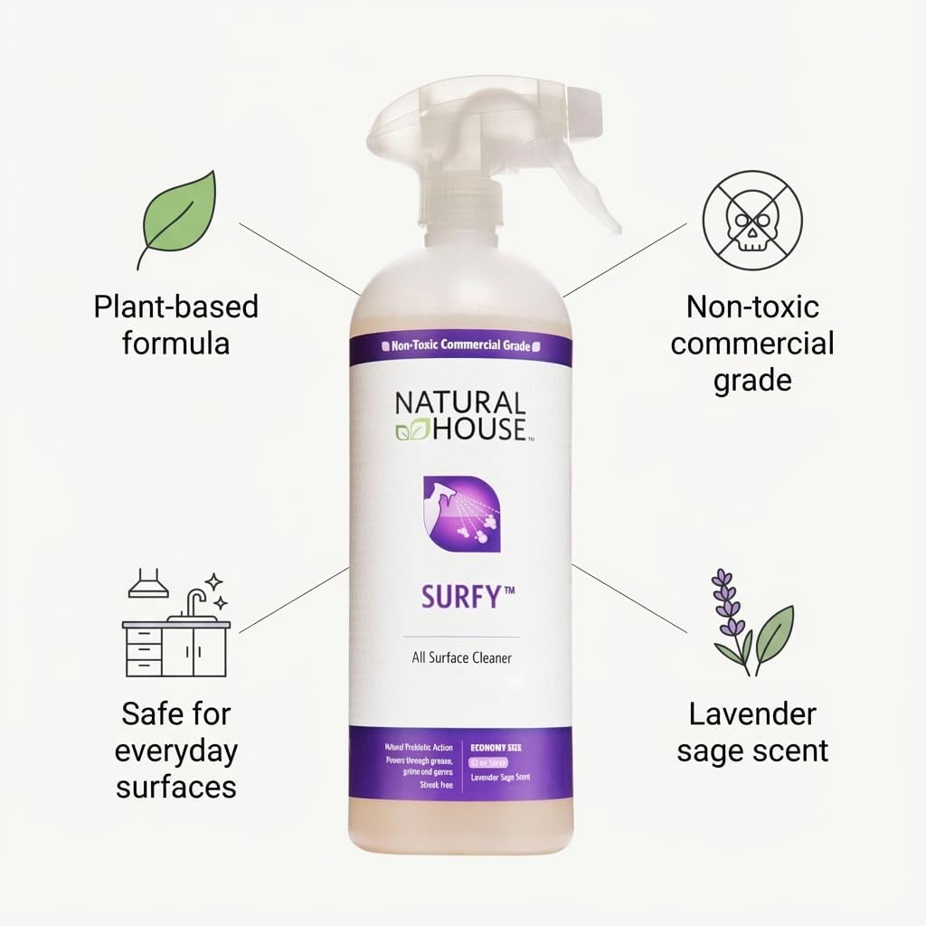Enzyme All-Purpose Cleaner Spray - Natural House Surfy - Probiotic Multi-Surface Formula - Plant-Based, Septic Safe - Lavender Sage Scent - 32 oz
