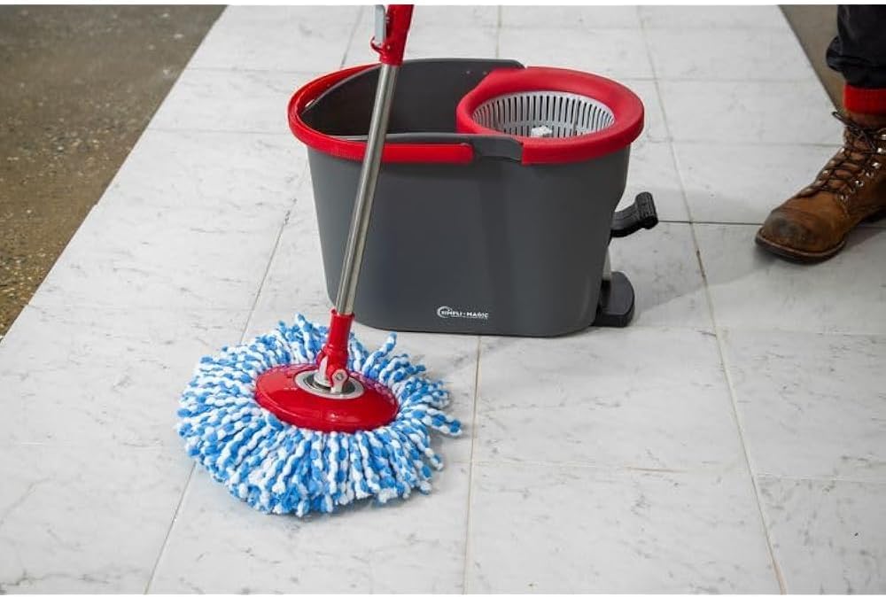 Simpli-Magic 79349 Spin Mop Cleaning System with 3 Microfiber Mop Heads, Red/GRAY,Red/Black