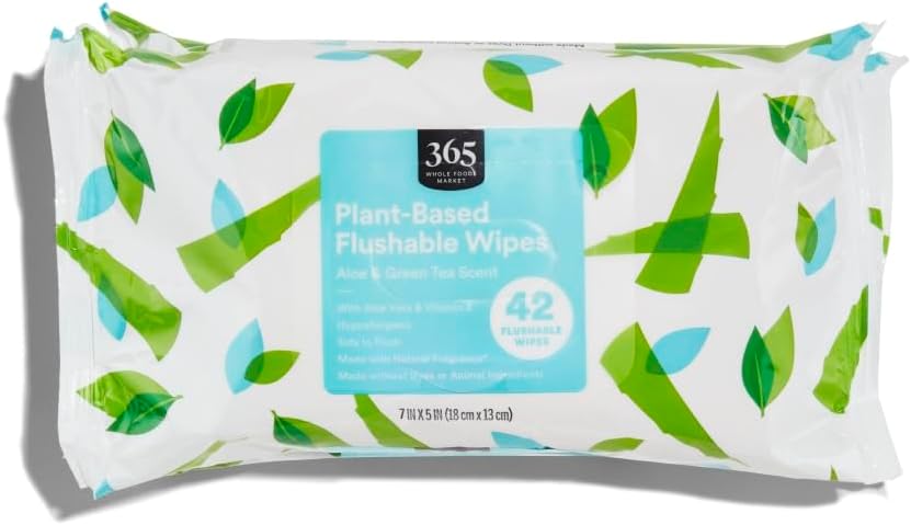 365 by Whole Foods Market, Plant-Based Flushable Wipes, Aloe & Green Tea Scent, 42 Count (Pack of 3)