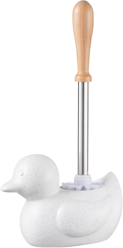 Duck Toilet Brush and Holder Set - Ceramic Bathroom Toilet Scrubber Brush Organizer with Wooden & Stainless SteelHandle, Gold Toilet Brush & Cute Duck Design for Bath Decor Storage