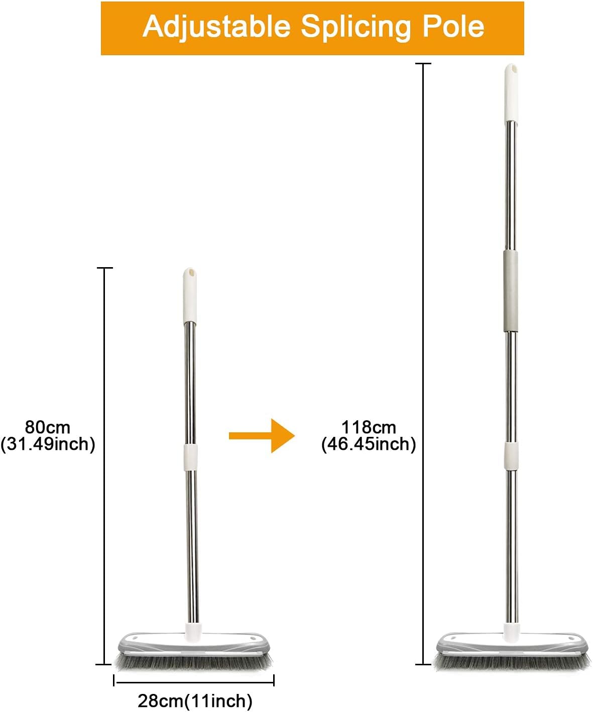 Push Broom,Pet Hair Removal Broom with Squeegee,Soft Silicone Bristle Broom with Long Handle,Non Scratch Carpet Sweeper Brush for Cat Dog Hair Hardwood(Orange) Extra Long for Tall People