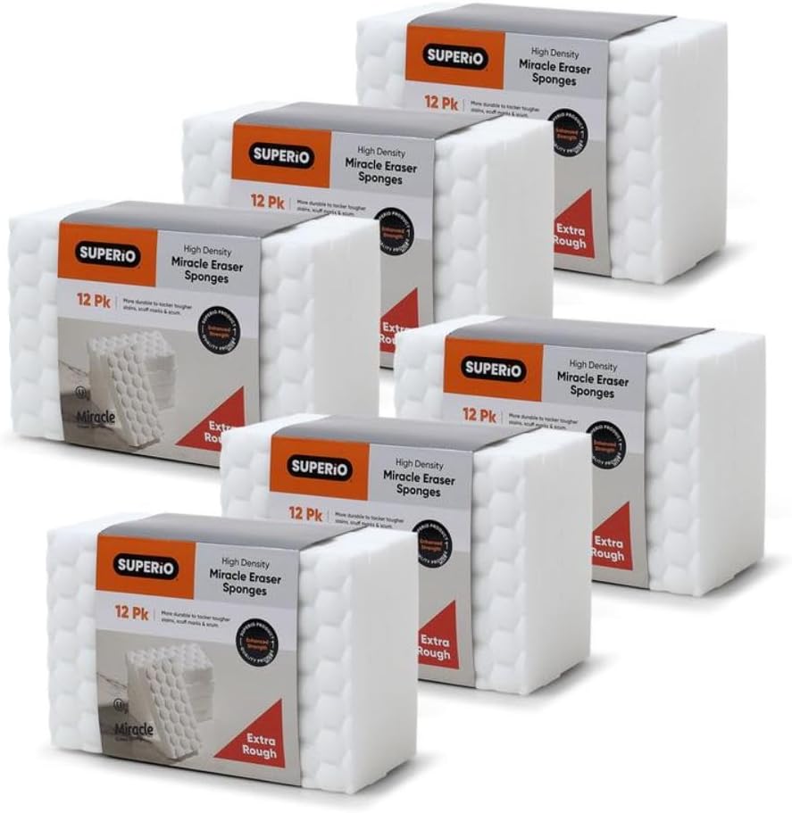 Superio High-Density Miracle Eraser Sponges - 12 Count - Powerful, Long-Lasting Scrubbers for Stubborn Dirt