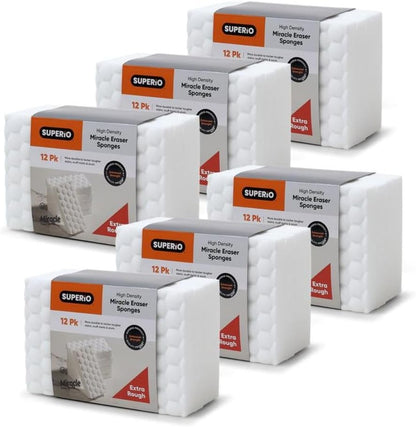 Superio High-Density Miracle Eraser Sponges - 12 Count - Powerful, Long-Lasting Scrubbers for Stubborn Dirt
