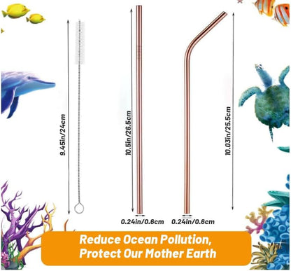 VEHHE Metal Straw Stainless Steel Straws Drinking Reusable Straws 4 Set -10.5" Ultra Long Rainbow Color-Cleaning Brush for 20/30 Oz for Yeti RTIC SIC Ozark Trail Tumblers (2 Straight|2 Bent|1 Brush)