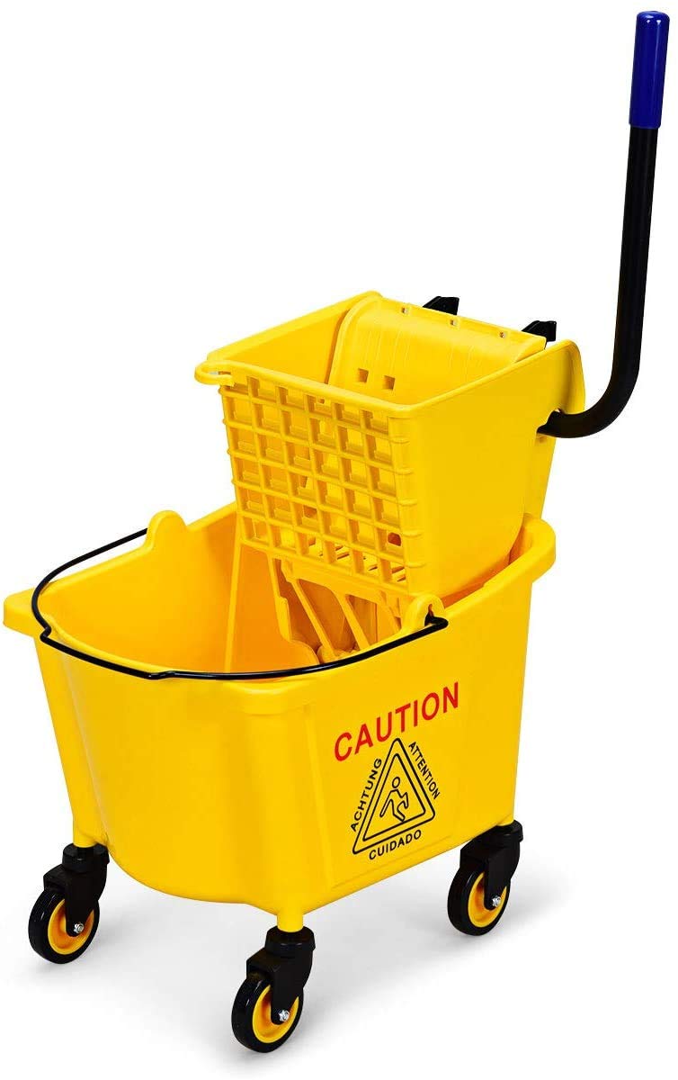 ReunionG Commercial Mop Bucket, Household Bucket with Wringer, Side Press Mop Bucket with Wheel and Handle, Side Press Wringer Trolley with Ergonomic Rocker for Easy Water Drain, Yellow (26 Quart)