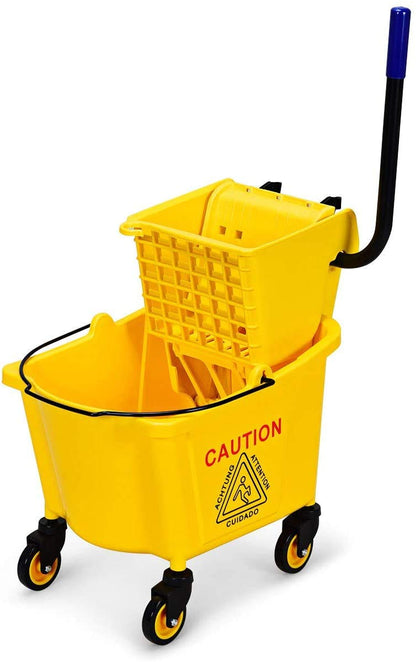 ReunionG Commercial Mop Bucket, Household Bucket with Wringer, Side Press Mop Bucket with Wheel and Handle, Side Press Wringer Trolley with Ergonomic Rocker for Easy Water Drain, Yellow (26 Quart)
