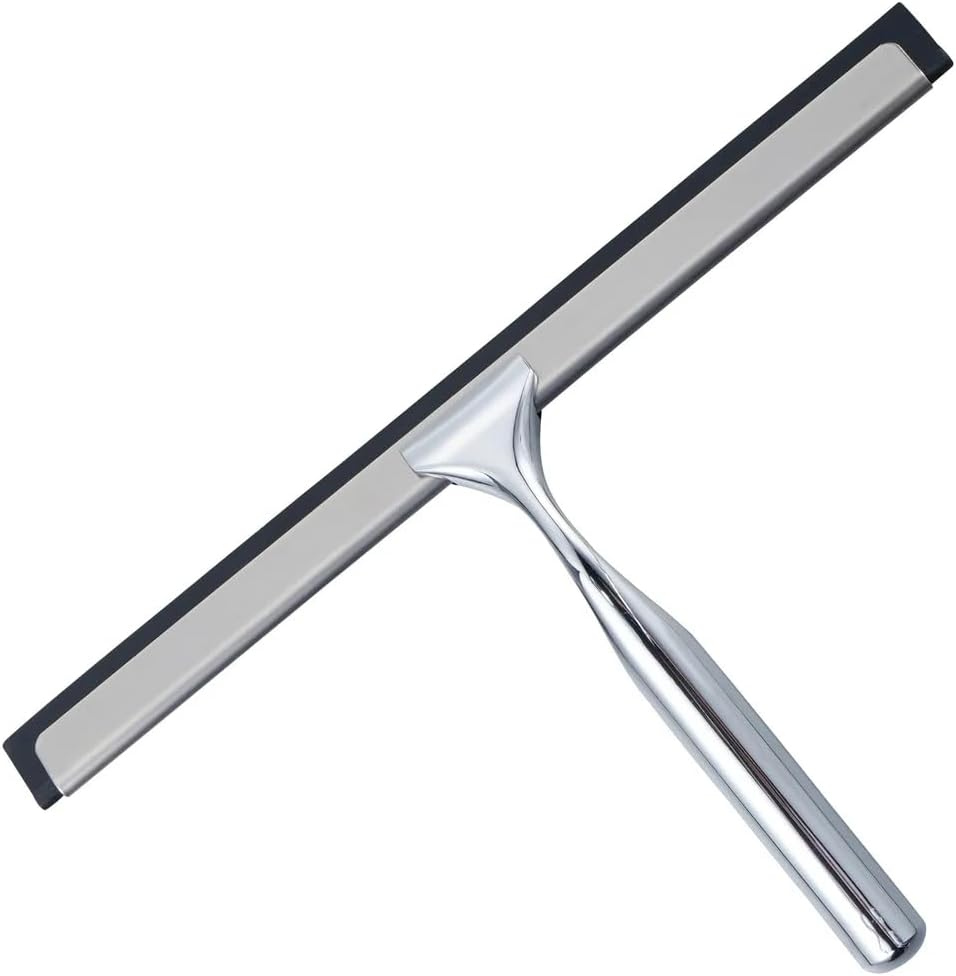 J&V TEXTILES All-Purpose Stainless Steel Shower Squeegee for Glass Doors with Adhesive Hooks, Squeegee for Shower Glass, Bathroom Household Cleaner Tool, 10 Inch (Gold)