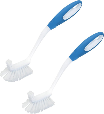 Dish Brush Scrubber for Kitchen, 2 Pack, by LOLA, Has Stiff Bristles & Food Scraper, Comfort No-Slip Grip Handle, Safe for Non-Stick & Coated Cookware