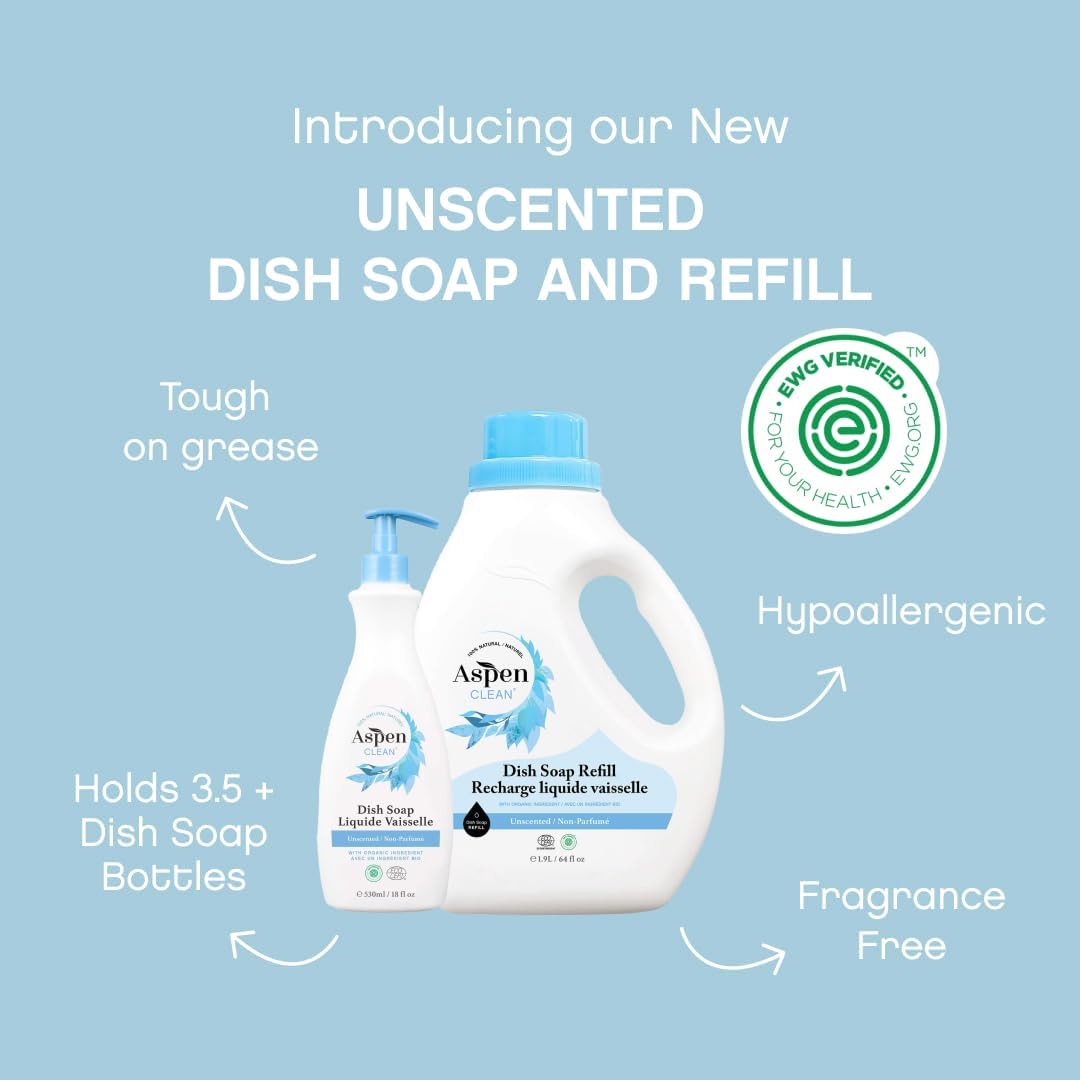 AspenClean | Dish Soap & Refill | Eucalyptus and Rosemary | Liquid Dishwashing Detergent Soap | Non - Toxic | 100% Natural | EWG Verified | 64 fl oz - Refills Over 3.5 Standard Soap Bottles