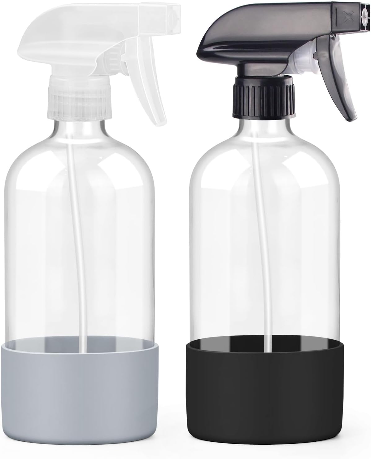 Worldgsb 2 Pack Glass Spray Bottles with Silicone Sleeve, 16 oz Empty Refillable Containers with Adjustable Spray Nozzles, Spray Bottles for Hair, Cleaning Solutions and Plants Blue&Grey