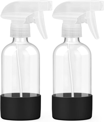Worldgsb 2 Pack Glass Spray Bottles 8 oz, Empty Refillable Containers with Silicone Sleeve Protection, Glass Spray Bottles for Cleaning Solutions, Hair and Plants with Adjustable Nozzles Blue&Grey