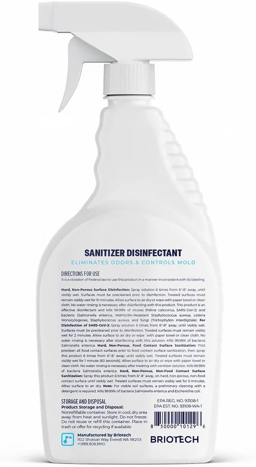 BRIOTECH Sanitizer Disinfectant Hypochlorous, Kill 99.99% of Viruses & Bacteria, Control Mold, Eliminate Odor, Gentle for Nursery & Play Rooms, Food Contact Surface Sanitizer, 1 Gallon Refill