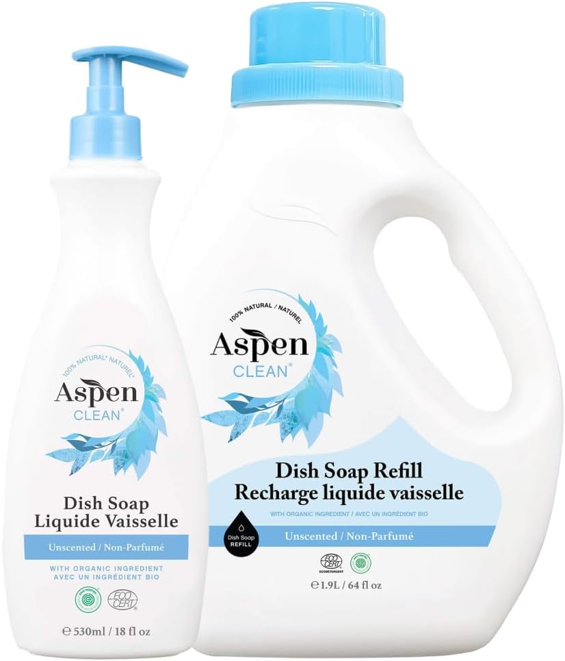AspenClean | Dish Soap & Refill | Eucalyptus and Rosemary | Liquid Dishwashing Detergent Soap | Non - Toxic | 100% Natural | EWG Verified | 64 fl oz - Refills Over 3.5 Standard Soap Bottles