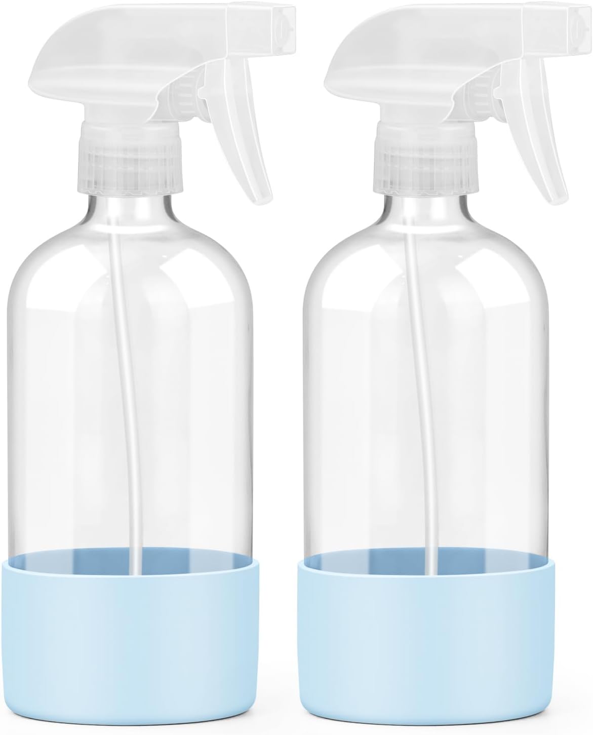 Worldgsb 2 Pack Glass Spray Bottles with Silicone Sleeve, 16 oz Empty Refillable Containers with Adjustable Spray Nozzles, Spray Bottles for Hair, Cleaning Solutions and Plants Blue&Grey