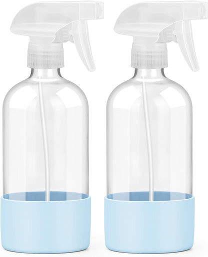 Worldgsb 2 Pack Glass Spray Bottles with Silicone Sleeve, 16 oz Empty Refillable Containers with Adjustable Spray Nozzles, Spray Bottles for Hair, Cleaning Solutions and Plants Blue&Grey