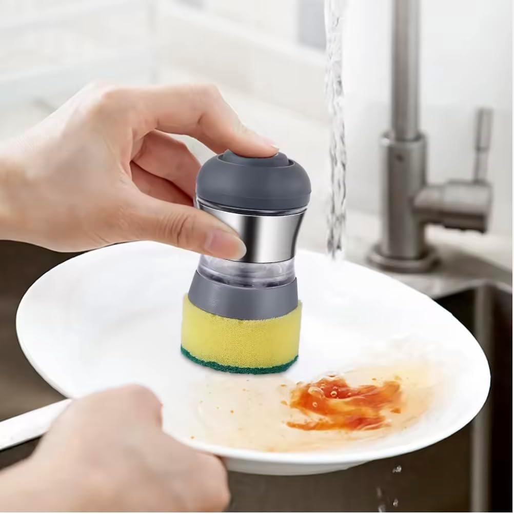 Soap Dispensing Dish Brush with Refillable Handle – Heavy Duty Palm Scrubber for Kitchen Sink, Pots, Pans & Dishes – Replaceable Brush Head – No Leak Design (Dark Gray)