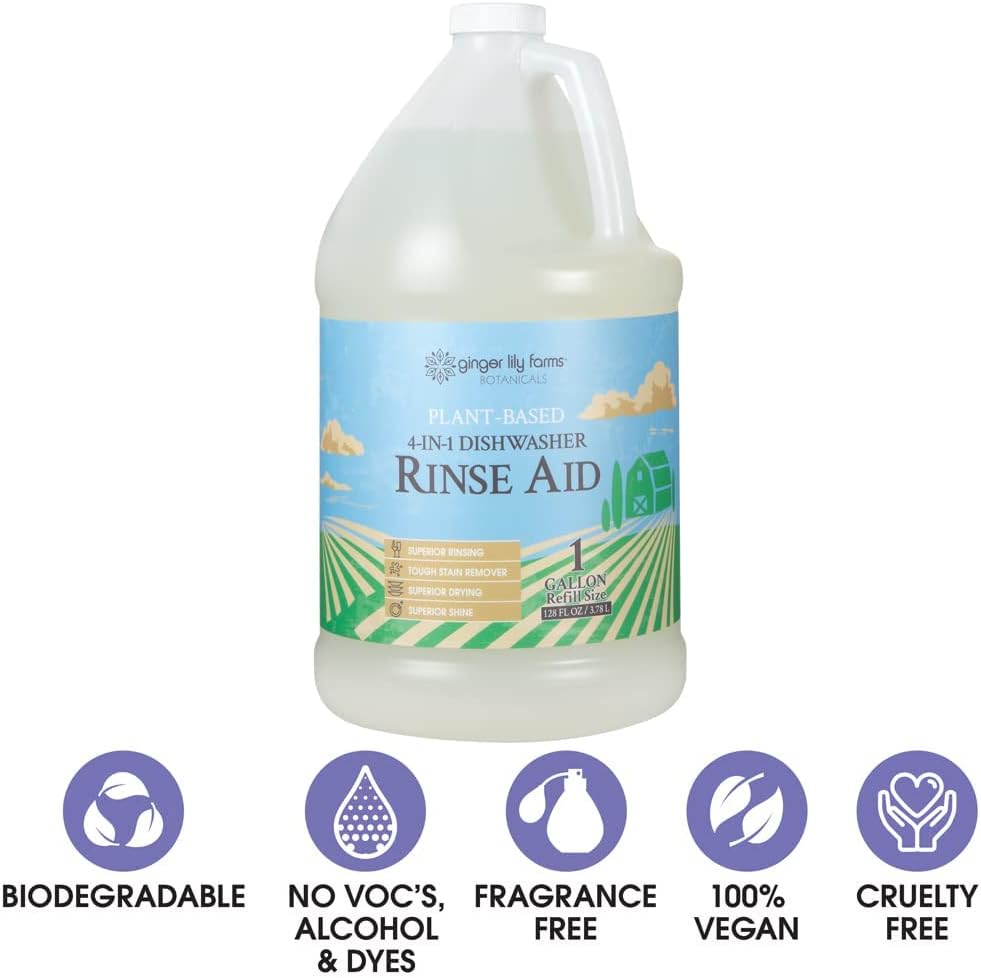 Ginger Lily Farms Botanicals Plant-Based 4-In-1 Dishwasher Rinse Aid, 100% Vegan & Cruelty-Free, Fragrance-Free, 1 Gallon (128 fl oz) Refill, 128.00 Fl Oz (Pack of 1)